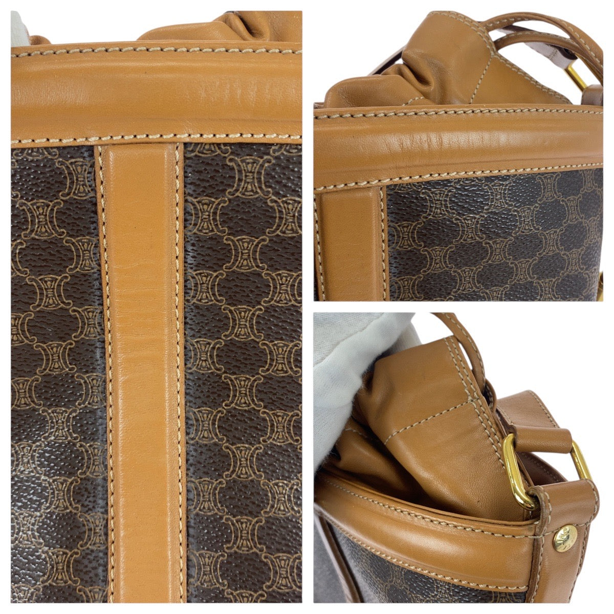 21253
CELINE セリーヌ マカダム ブラウン ゴールド金具 PVC / レザー ショルダーバッグ 巾着 レディース ABP38