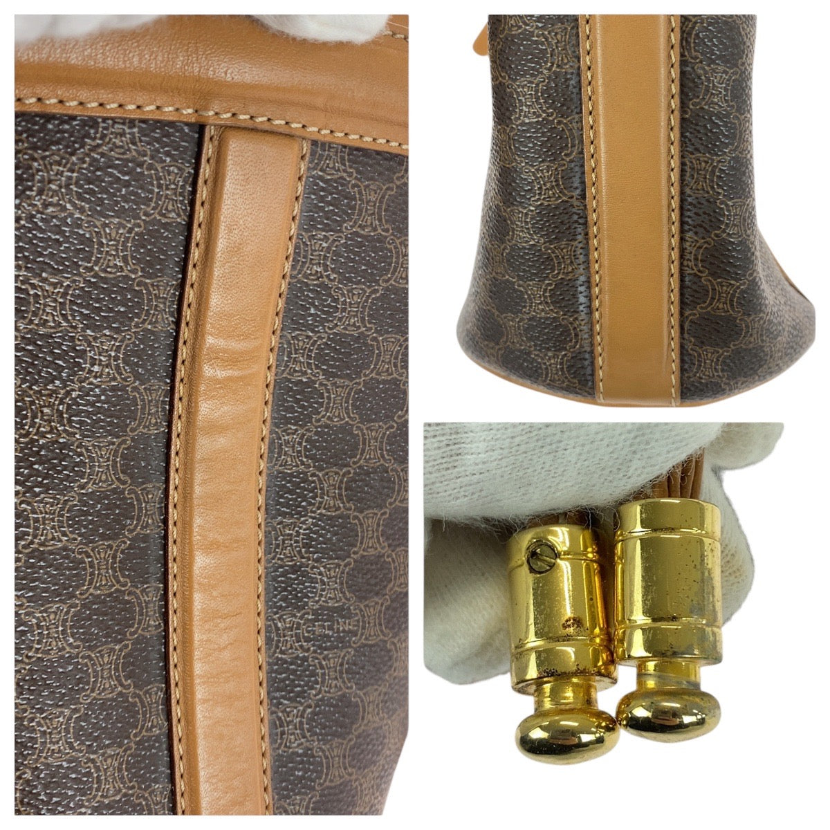 21253
CELINE セリーヌ マカダム ブラウン ゴールド金具 PVC / レザー ショルダーバッグ 巾着 レディース ABP38