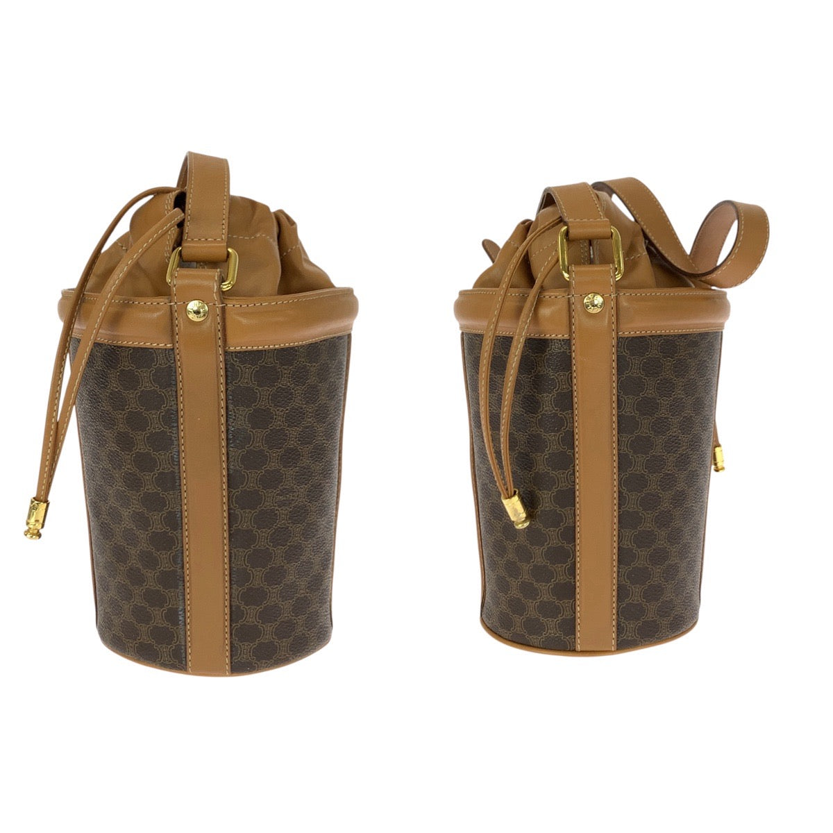 21253
CELINE セリーヌ マカダム ブラウン ゴールド金具 PVC / レザー ショルダーバッグ 巾着 レディース ABP38