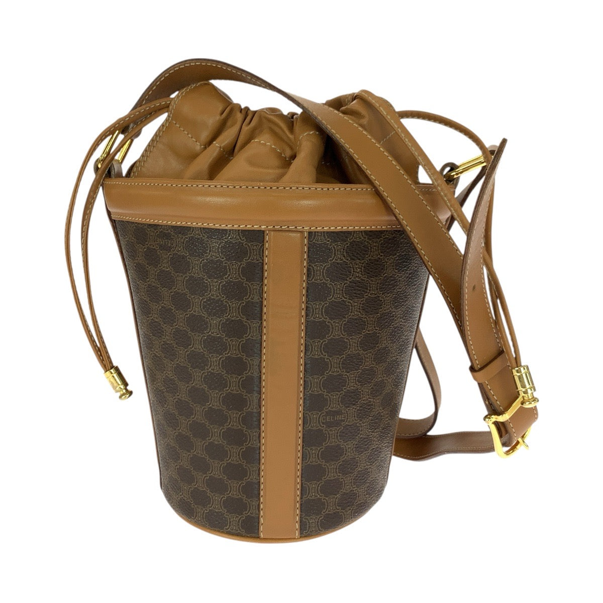 21253
CELINE セリーヌ マカダム ブラウン ゴールド金具 PVC / レザー ショルダーバッグ 巾着 レディース ABP38