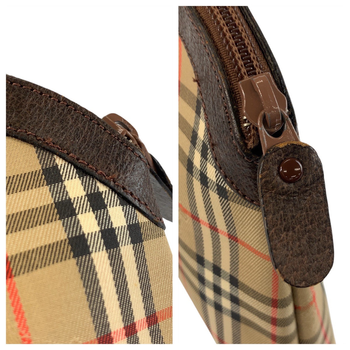 21259
BURBERRY バーバリー チェック柄 ベージュ ブラウン キャンバス / レザー クラッチバッグ ポーチ レディース AB8