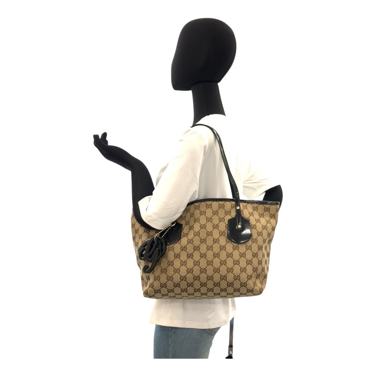 21260
GUCCI グッチ ベージュ ブラック 黒 ゴールド金具 GGキャンバス / レザー 211976 トートバッグ ショルダーバッグ レディース AB28