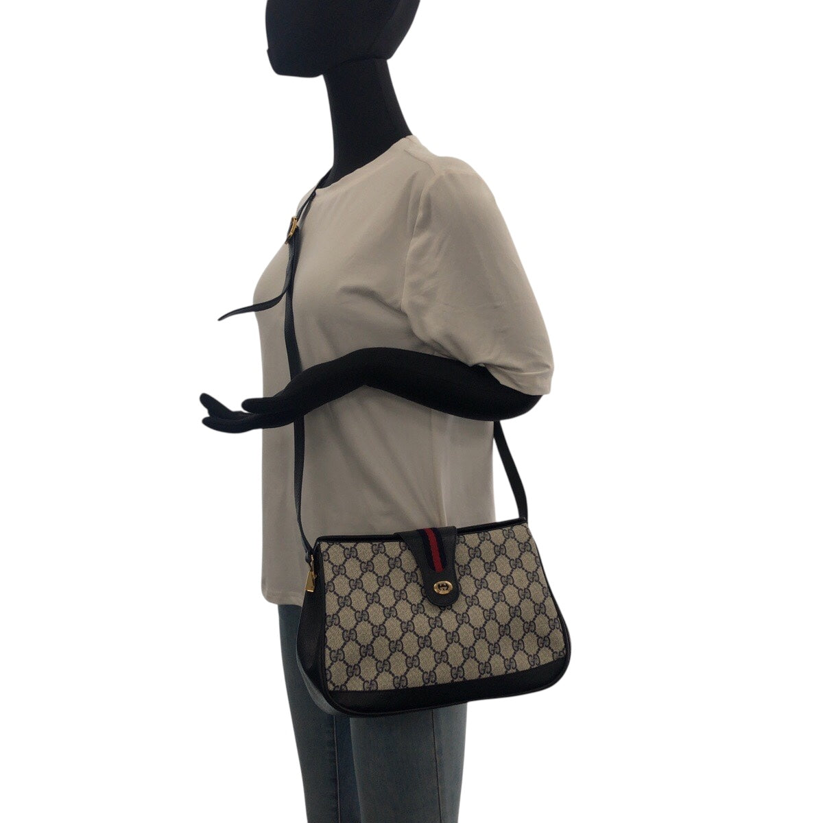 21265
GUCCI グッチ ヴィンテージ シェリーライン オールドグッチ ネイビー グレー ゴールド金具 GGスプリームキャンバス / レザー 116 02 076 ショルダーバッグ ポシェット レディース ABP37