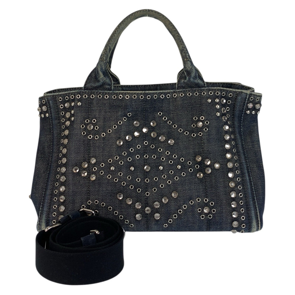 21273
PRADA プラダ ビジュー カナパ 三角ロゴプレート ネイビー ブルー シルバー金具 デニム トートバッグ ショルダーバッグ 2way レディース AB