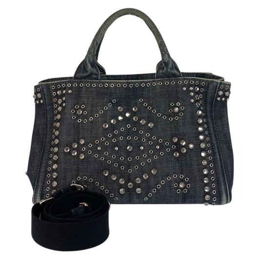 21273
PRADA プラダ ビジュー カナパ 三角ロゴプレート ネイビー ブルー シルバー金具 デニム トートバッグ ショルダーバッグ 2way レディース AB