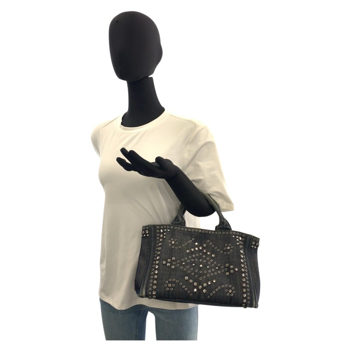 21273
PRADA プラダ ビジュー カナパ 三角ロゴプレート ネイビー ブルー シルバー金具 デニム トートバッグ ショルダーバッグ 2way レディース AB