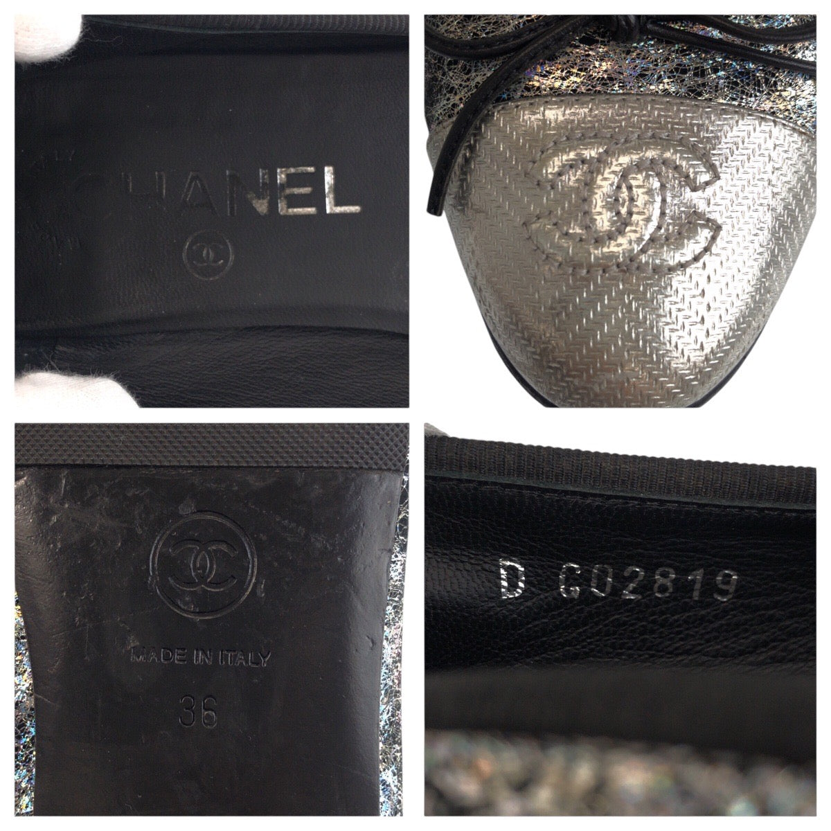 21292
CHANEL シャネル ココマーク サイズ36 シルバー ブラック 黒 レザー D G02819 パンプス フラットシューズ バレエシューズ レディース ABP35
