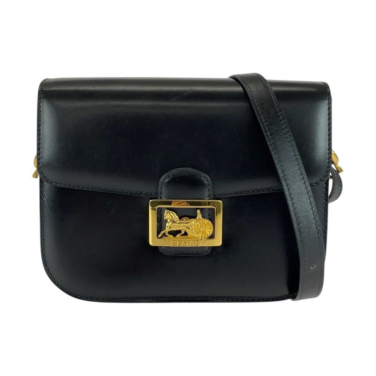 21295
CELINE セリーヌ ヴィンテージ 馬車金具 ホースキャリッジ ブラック 黒 ゴールド金具 レザー JT06 ショルダーバッグ ポシェット レディース A78