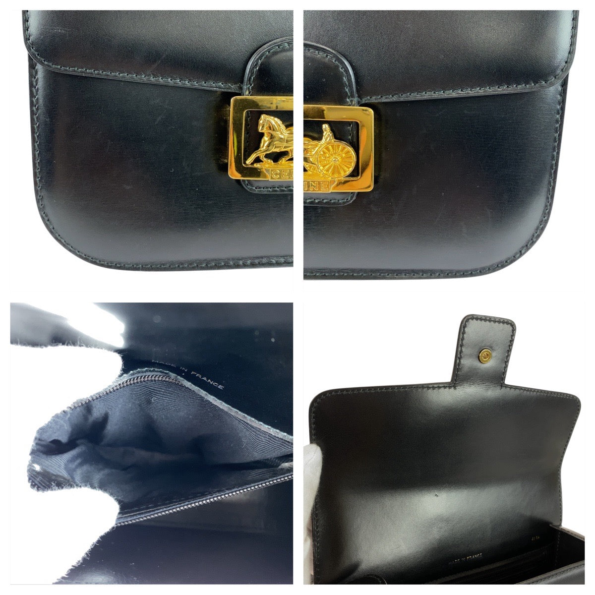 21295
CELINE セリーヌ ヴィンテージ 馬車金具 ホースキャリッジ ブラック 黒 ゴールド金具 レザー JT06 ショルダーバッグ ポシェット レディース A78