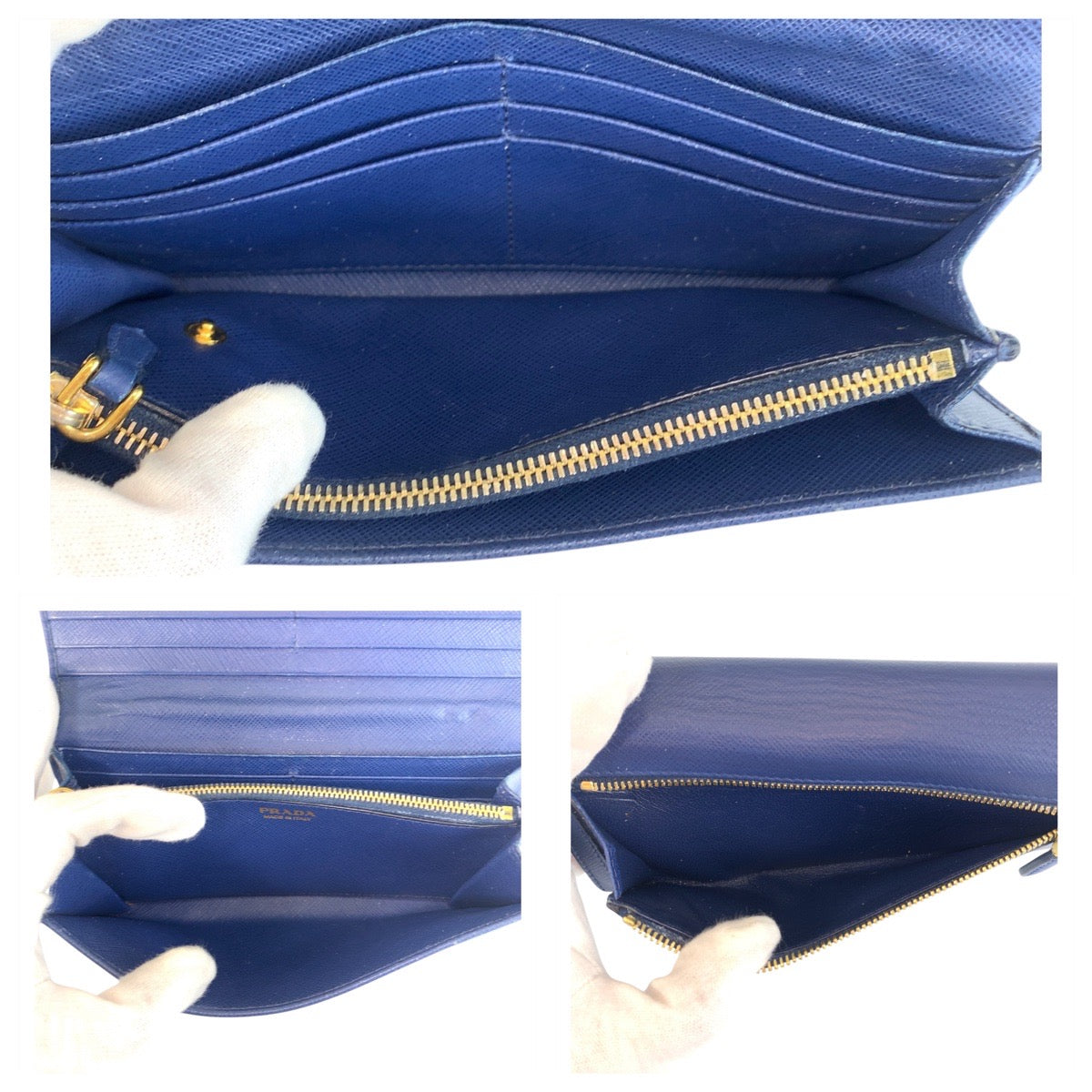 21305
PRADA Saffiano Blue Gold Hardware Leather Long Wallet for Women AB23