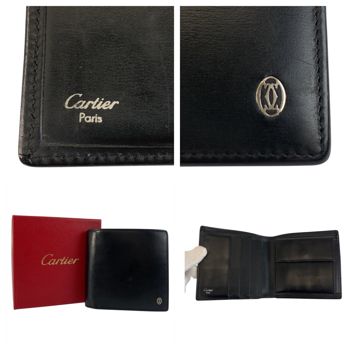 21315
CARTIER カルティエ パシャ ブラック 黒 シルバー金具 レザー 折り財布 コンパクトウォレット メンズ AB