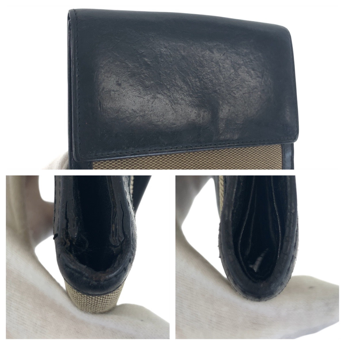 21321
GUCCI グッチ ヴィンテージ ベージュ 黒 シルバー金具 GGキャンバス / レザー 035.2778.2100 折り財布 コンパクトウォレット レディース AB