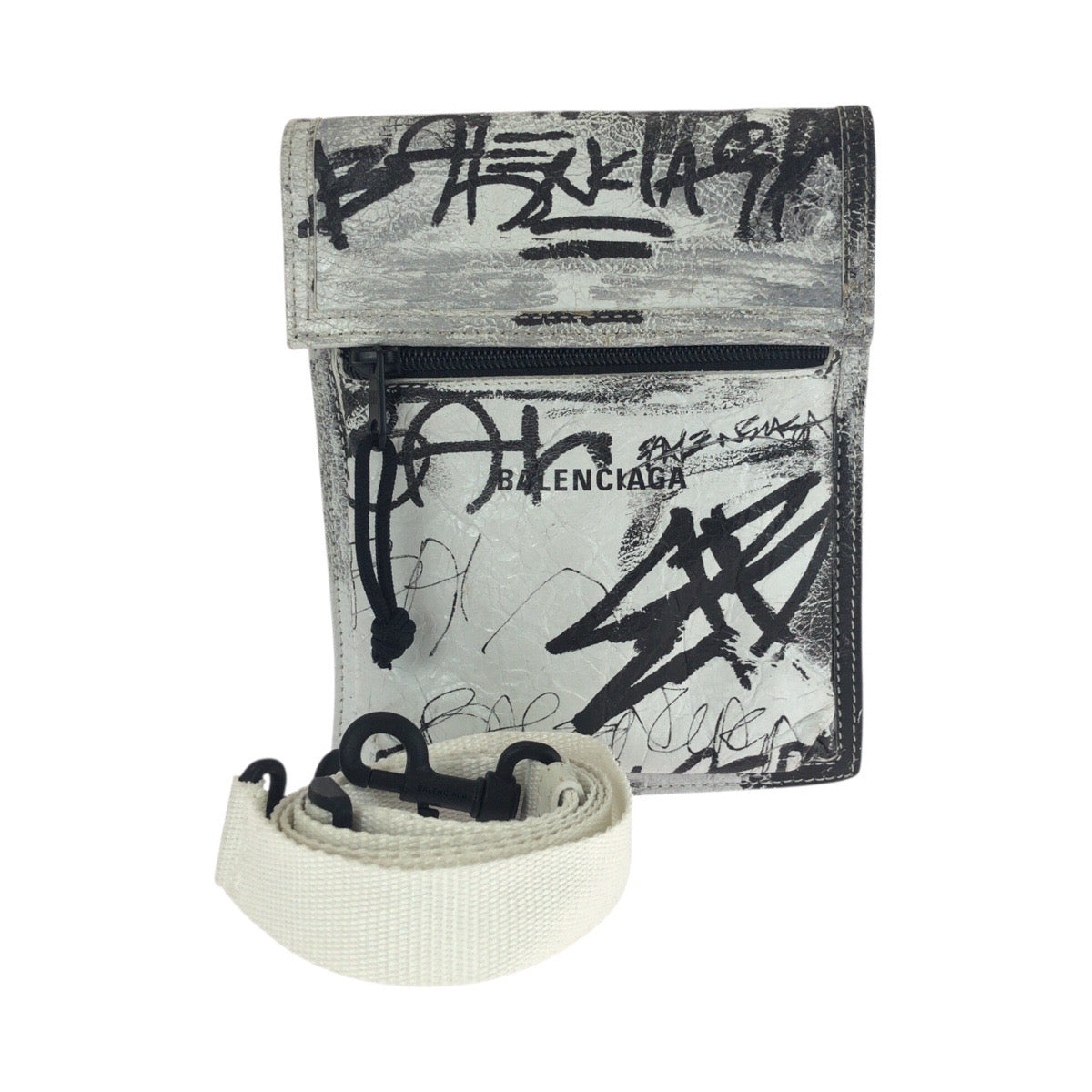 21377
BALENCIAGA バレンシアガ グラフィティ エクスプローラー ホワイト ブラック レザー 655982 ショルダーバッグ ポシェット レディース ABP45