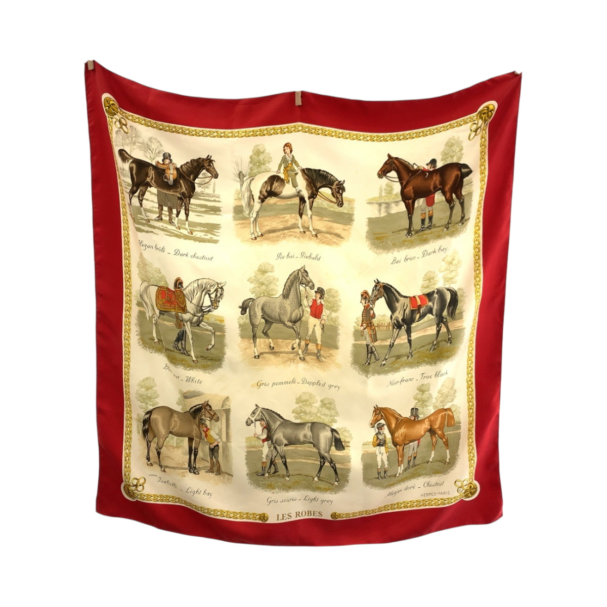 21387
HERMES エルメス カレ90 LES ROBES 馬の毛色 男女兼用 レッド マルチカラー シルク 大判スカーフ レディース AB19