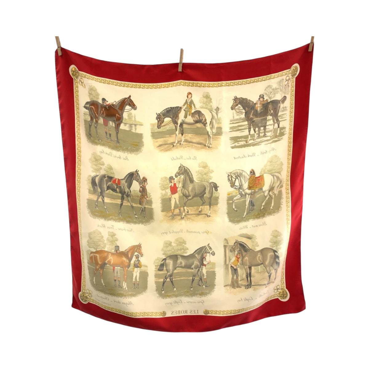 21387
HERMES エルメス カレ90 LES ROBES 馬の毛色 男女兼用 レッド マルチカラー シルク 大判スカーフ レディース AB19