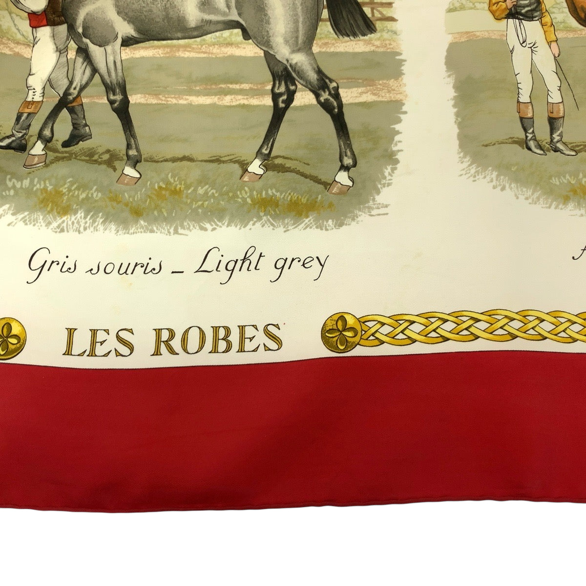 21387
HERMES エルメス カレ90 LES ROBES 馬の毛色 男女兼用 レッド マルチカラー シルク 大判スカーフ レディース AB19