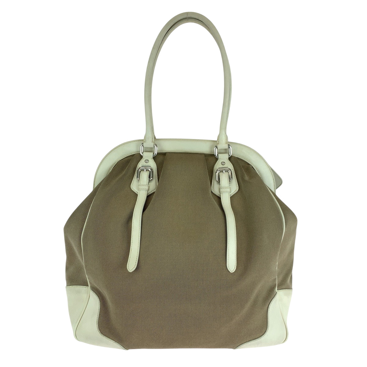 21388
PRADA プラダ ロゴジャガード ブラウン ホワイト ゴールド金具 キャンバス ハンドバッグ トートバッグ ショルダーバッグ レディース ABP40