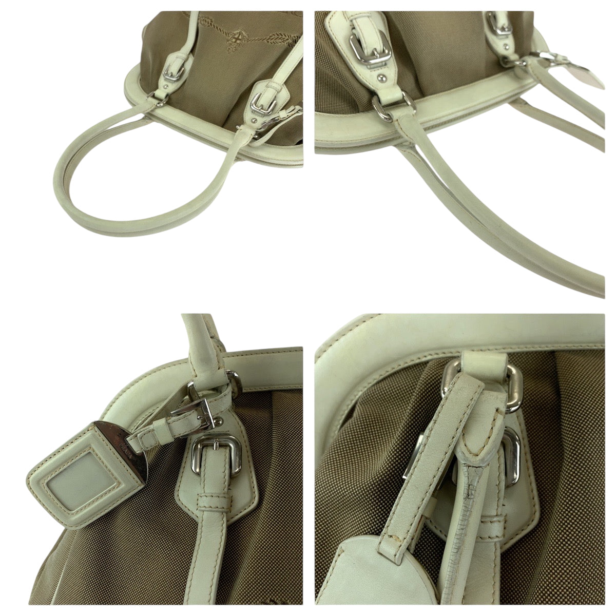 21388
PRADA プラダ ロゴジャガード ブラウン ホワイト ゴールド金具 キャンバス ハンドバッグ トートバッグ ショルダーバッグ レディース ABP40