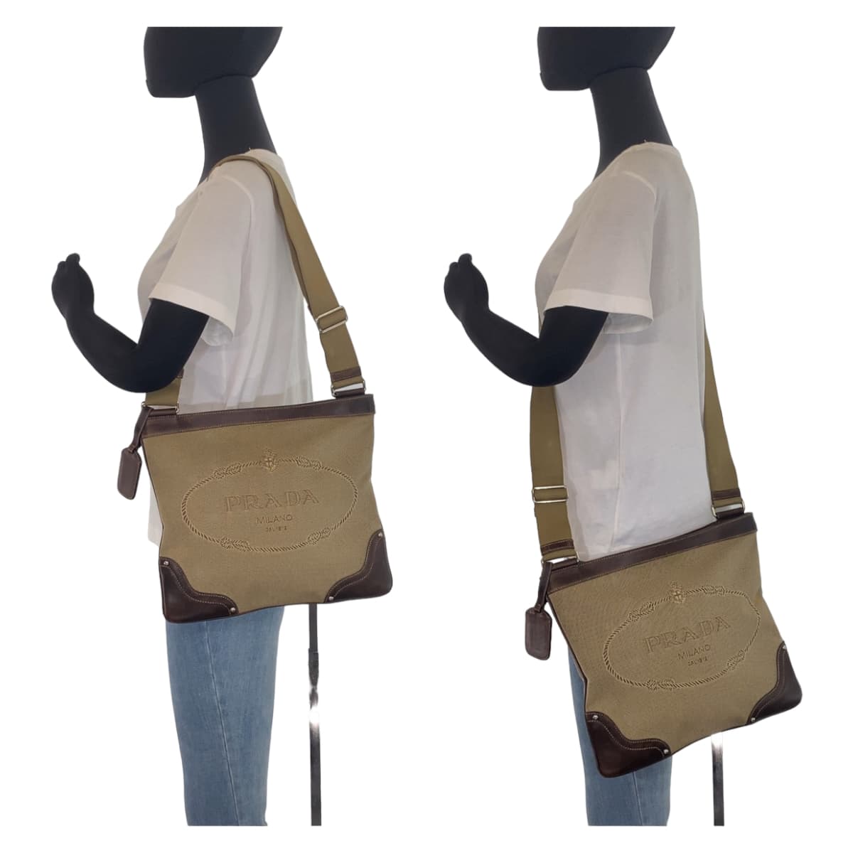 21389
PRADA プラダ ロゴジャガード ベージュ ブラウン シルバー金具 キャンバス ショルダーバッグ メッセンジャーバッグ レディース ABP40