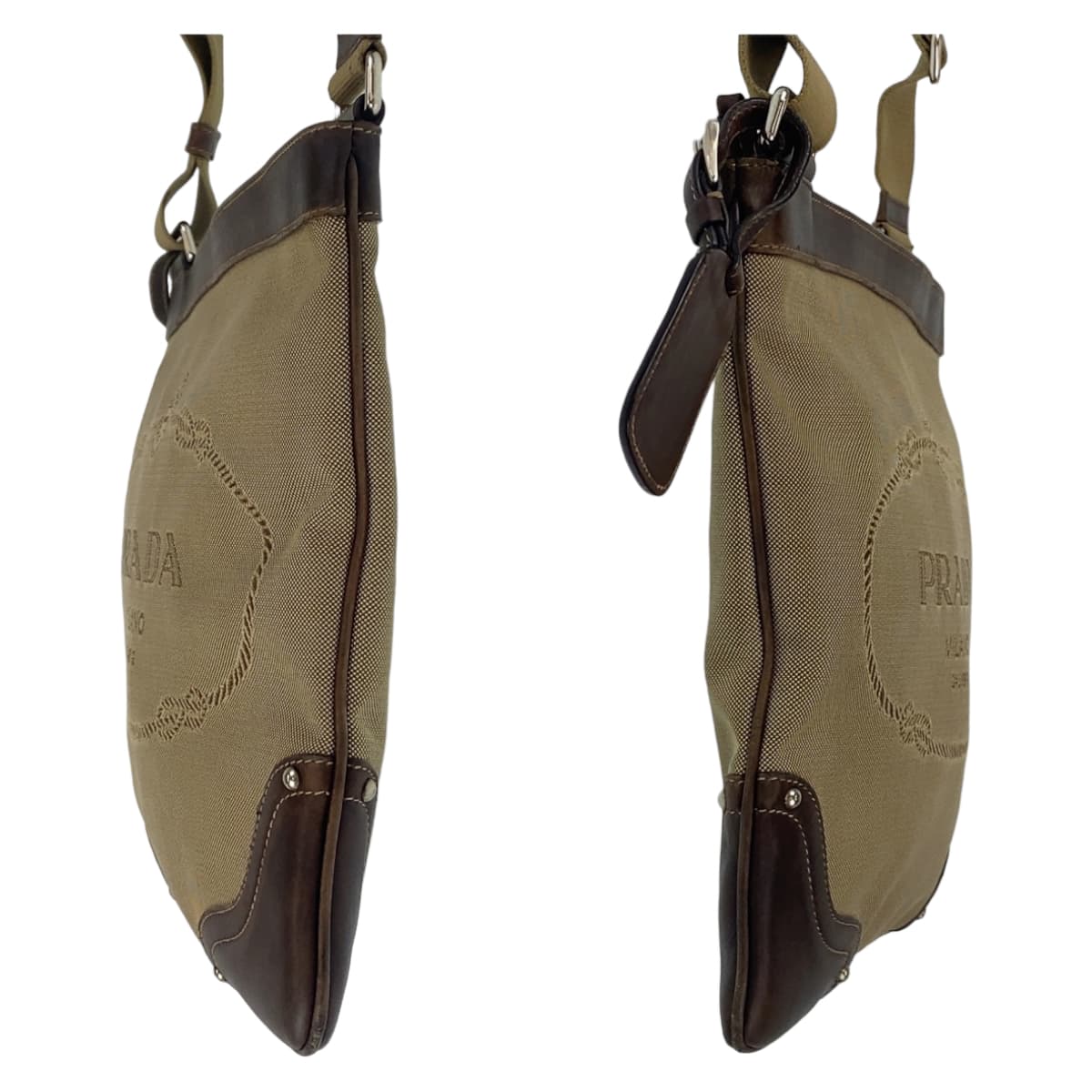 21389
PRADA プラダ ロゴジャガード ベージュ ブラウン シルバー金具 キャンバス ショルダーバッグ メッセンジャーバッグ レディース ABP40
