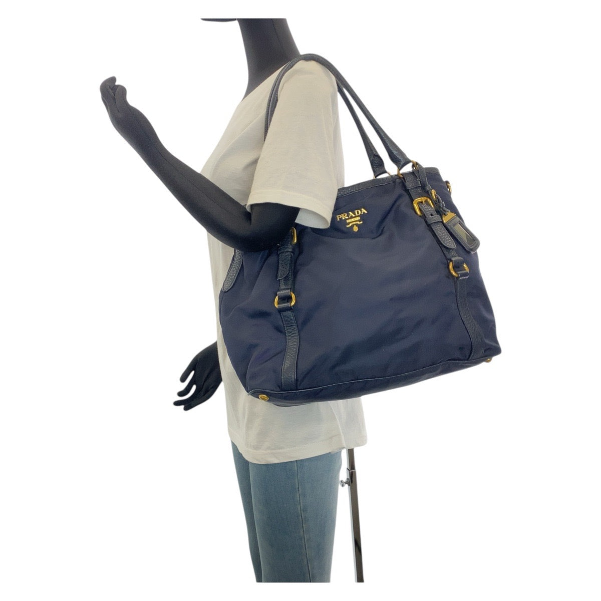 21405
PRADA プラダ ネイビー ゴールド金具 ナイロン / レザー ショルダーバッグ ハンドバッグ レディース AB39