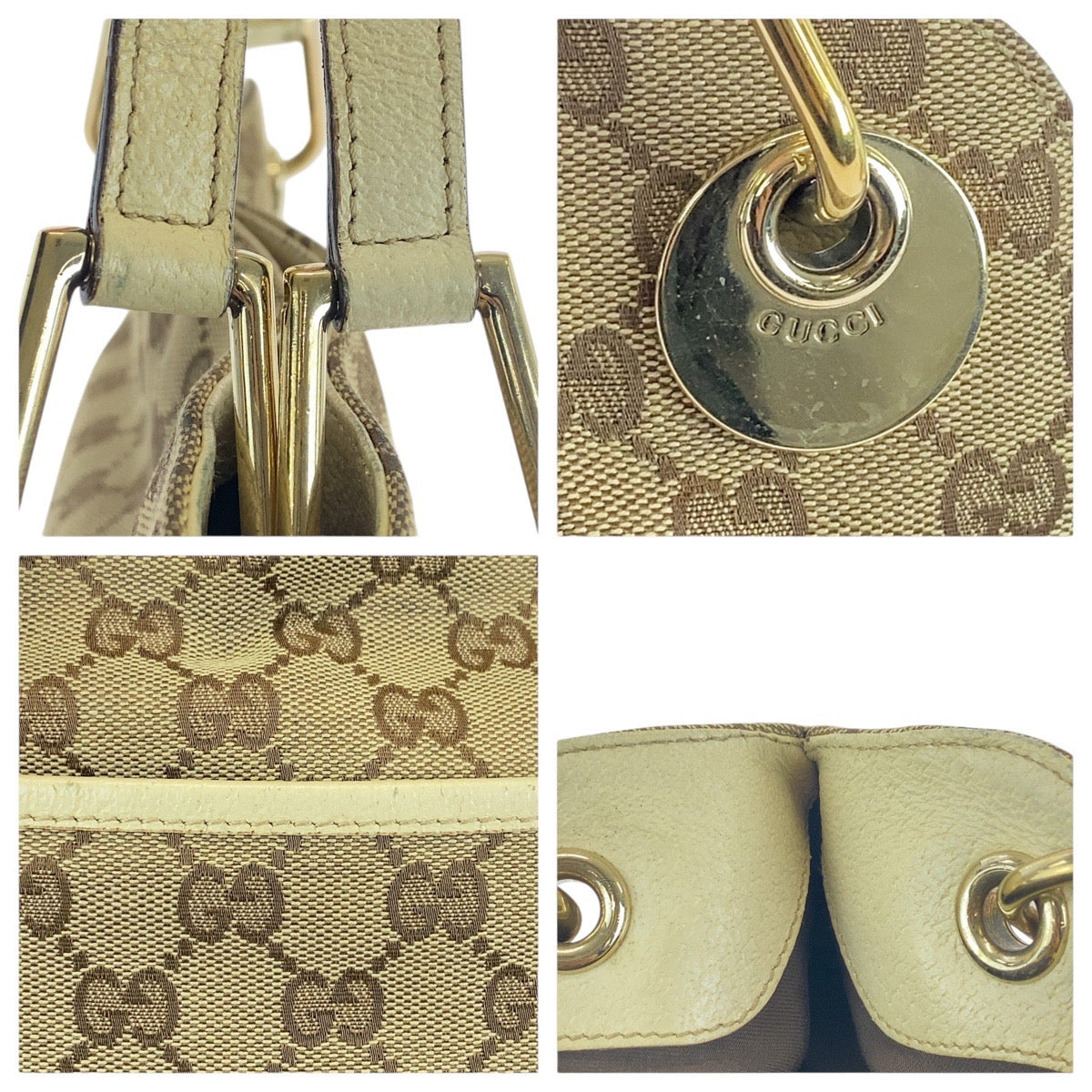 21422
GUCCI グッチ ベージュ アイボリー ゴールド金具 GGキャンバス / レザー トートバッグ ショルダーバッグ レディース AB36
