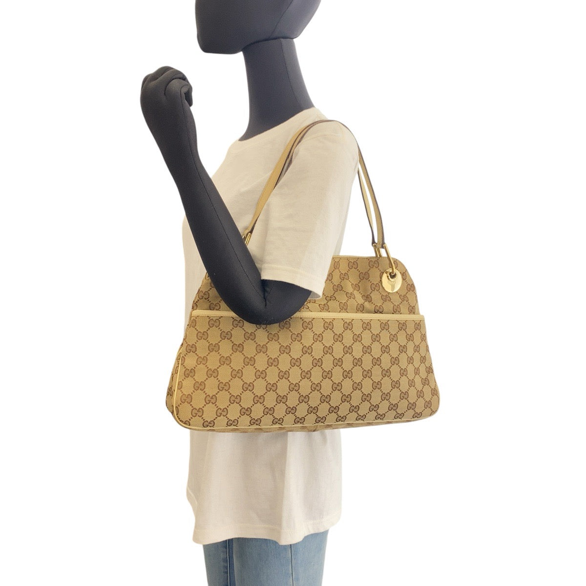 21422
GUCCI グッチ ベージュ アイボリー ゴールド金具 GGキャンバス / レザー トートバッグ ショルダーバッグ レディース AB36