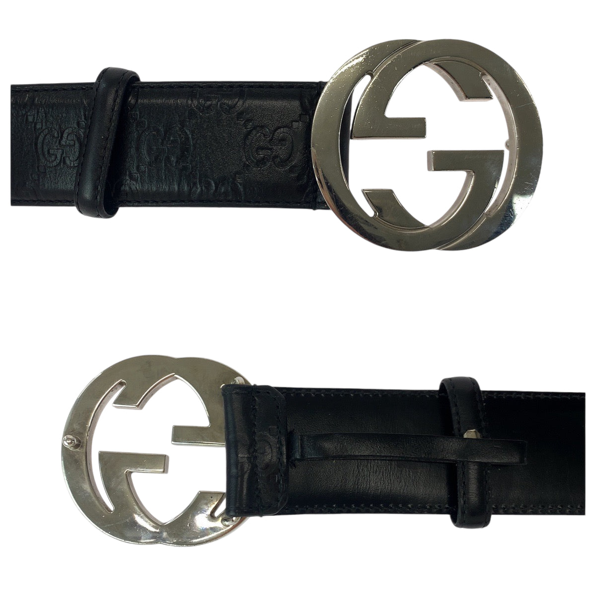 21426
GUCCI グッチ グッチシマ インターロッキング 85cm/34inc ブラック 黒 シルバー金具 レザー 114984 ベルト バックル メンズ AB34