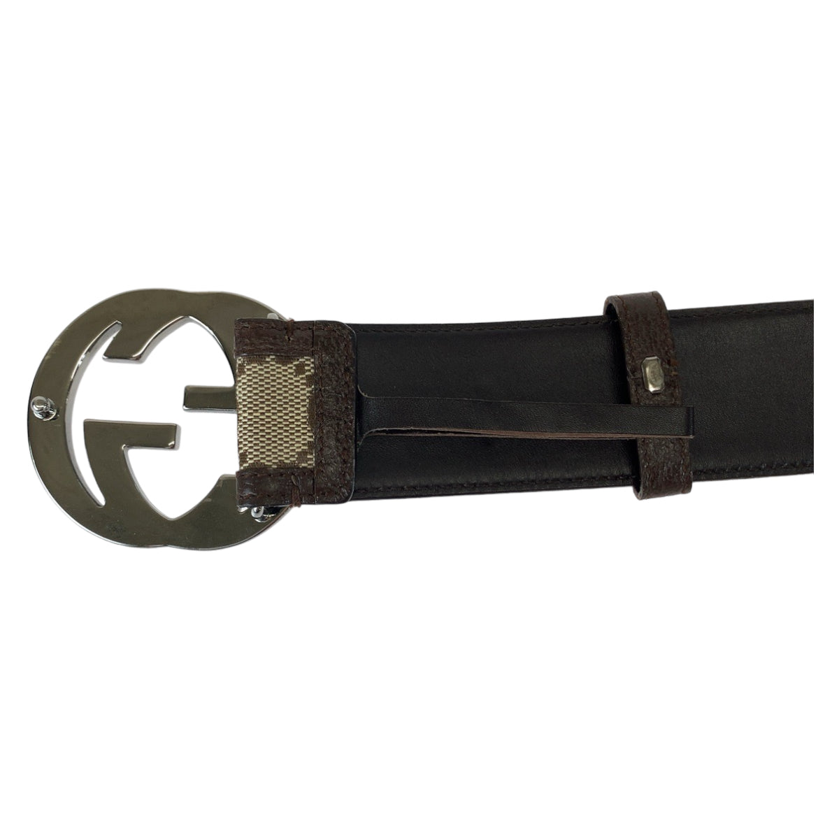 21475
GUCCI グッチ インターロッキング 75cm 30インチ 男女兼用 ブラウン 茶 シルバー金具 GGキャンバス / レザー 114876 ベルト GGバックル メンズ AB33