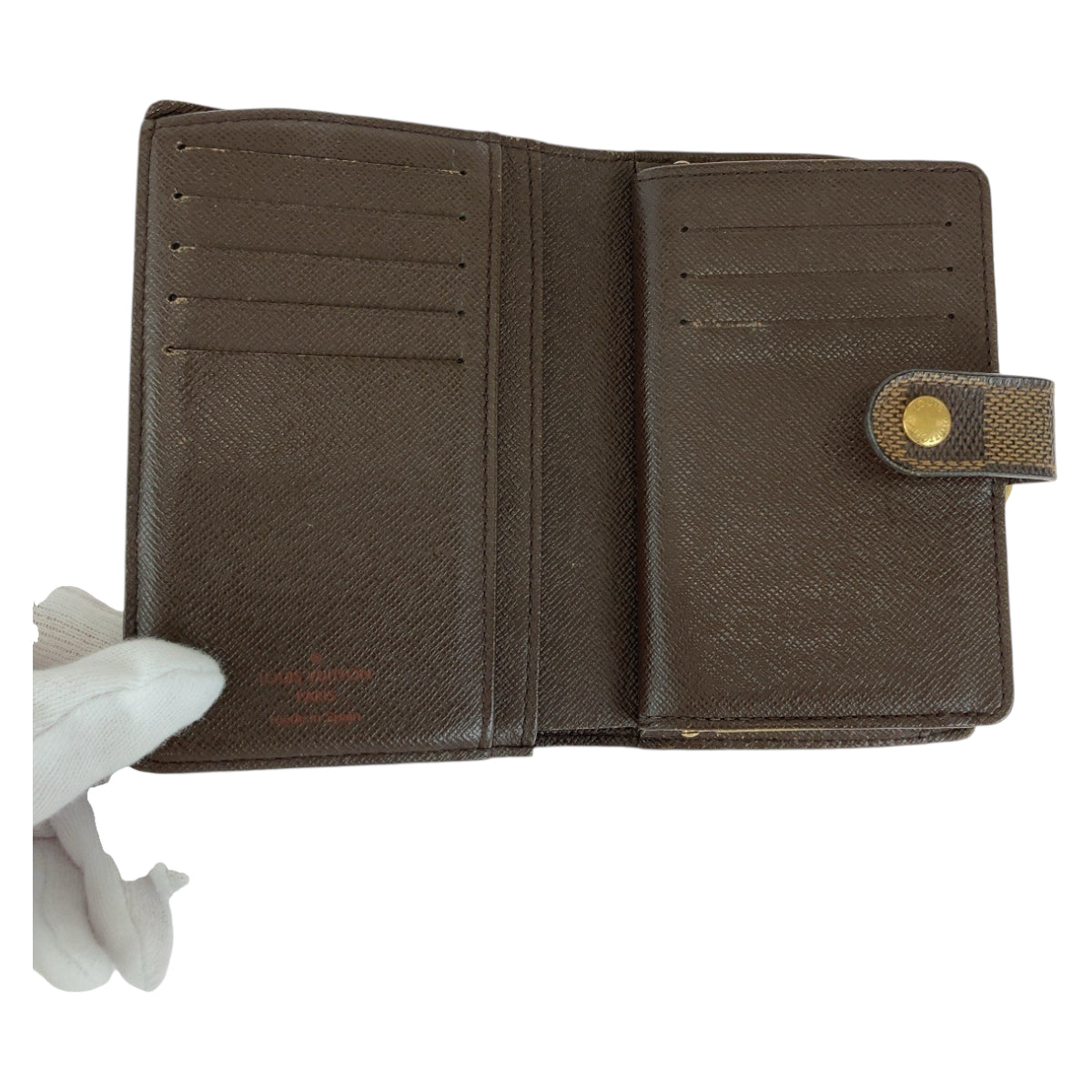 21479
LOUIS VUITTON ルイヴィトン ダミエ エベヌ ポルトフォイユ ヴィエノワ ブラウン ゴールド金具 PVC N61674 がま口 折財布 コンパクトウォレット レディース AB28