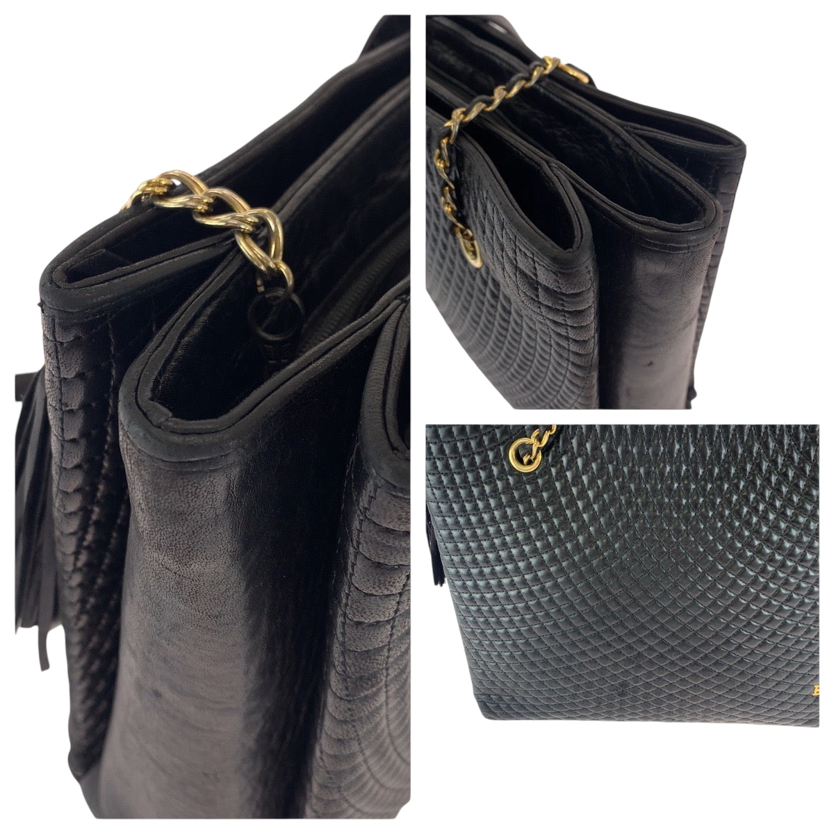 21506
BALLY バリー ヴィンテージ キルティング フリンジ ブラック 黒 ゴールド金具 レザー チェーントートバッグ ショルダーバッグ レディース AB