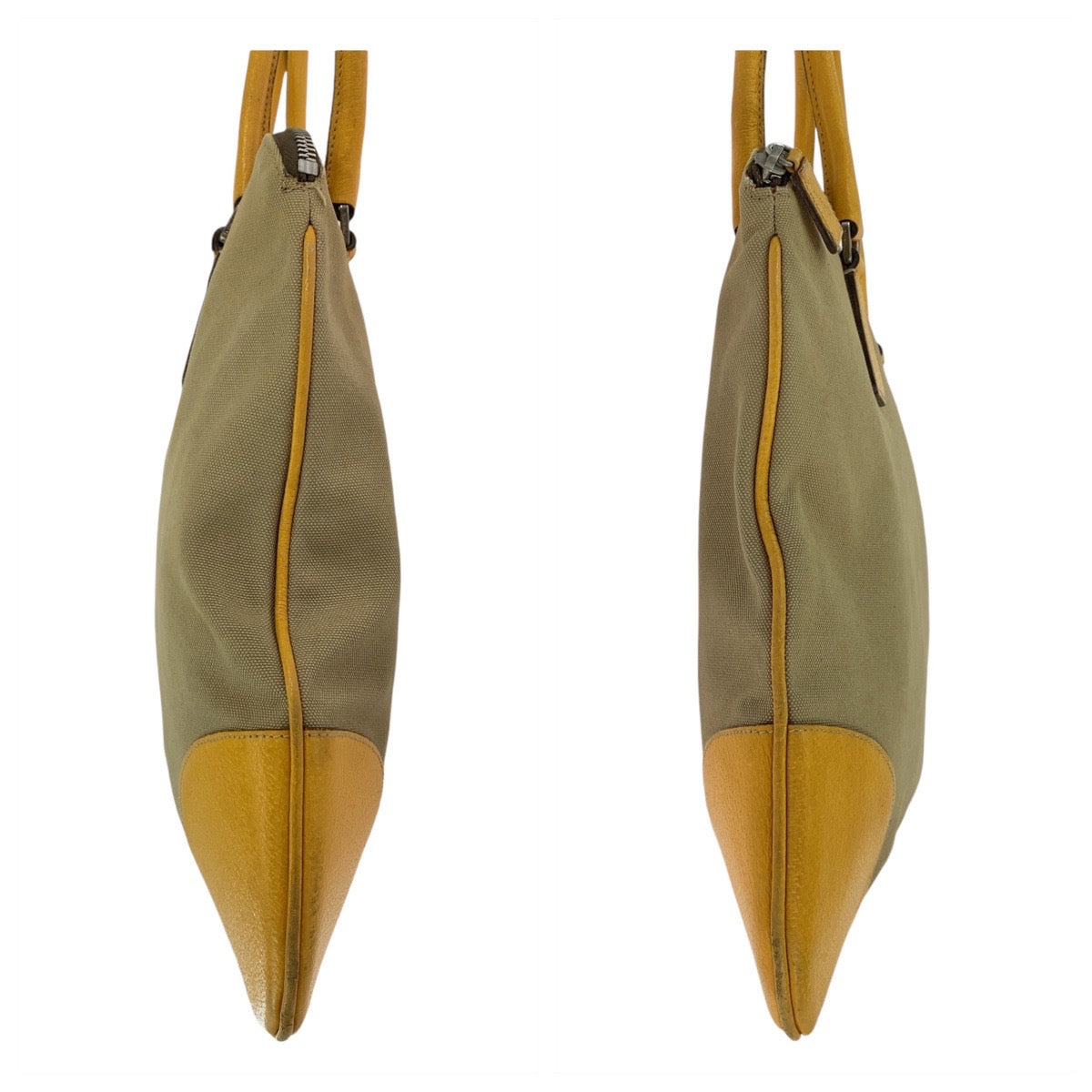 21526
PRADA プラダ 三角ロゴプレート ベージュ イエロー シルバー金具 キャンバス / レザー トートバッグ ハンドバッグ ショルダーバッグ レディース ABP25