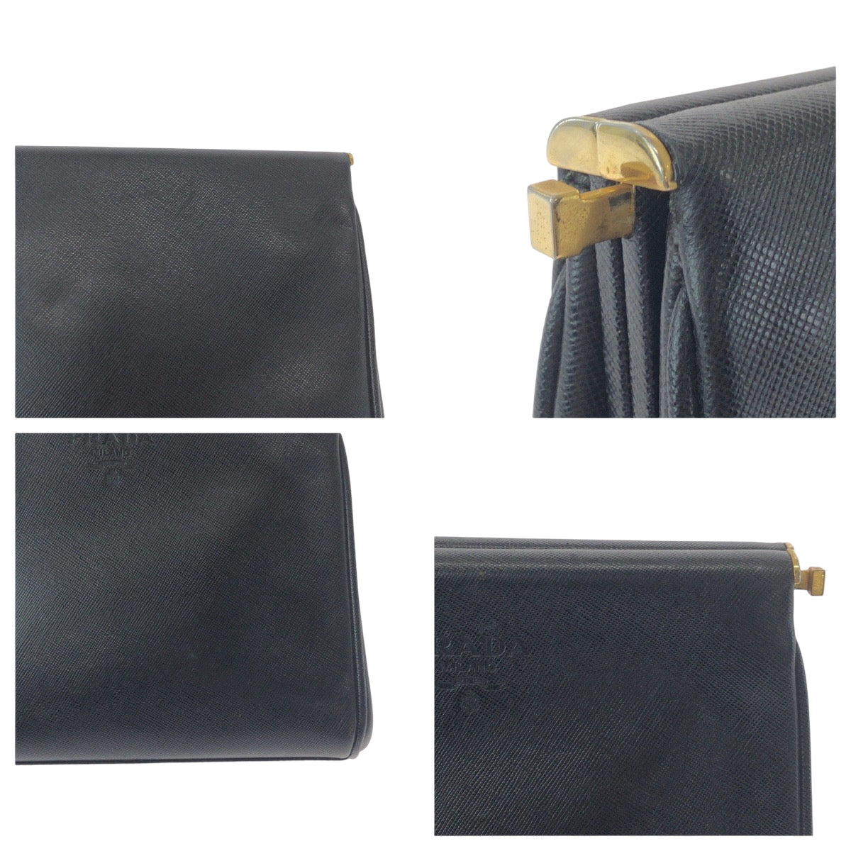 21537
PRADA プラダ ヴィンテージ サフィアーノ ロゴ ブラック 黒 ゴールド金具 レザー セカンドバッグ クラッチバッグ レディース A26