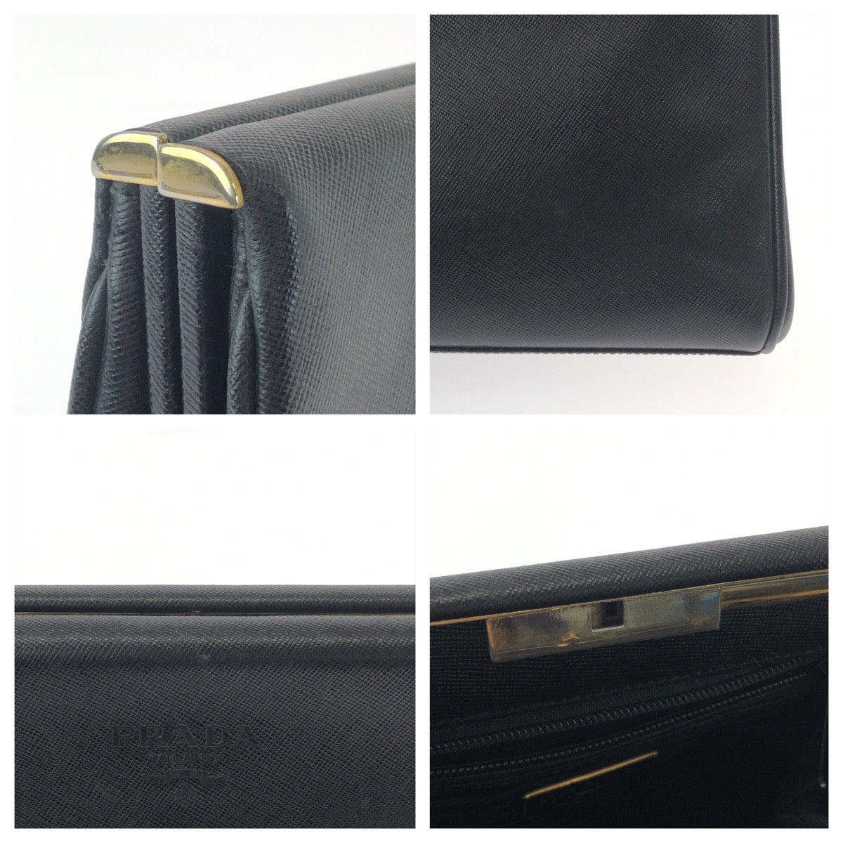 21537
PRADA プラダ ヴィンテージ サフィアーノ ロゴ ブラック 黒 ゴールド金具 レザー セカンドバッグ クラッチバッグ レディース A26