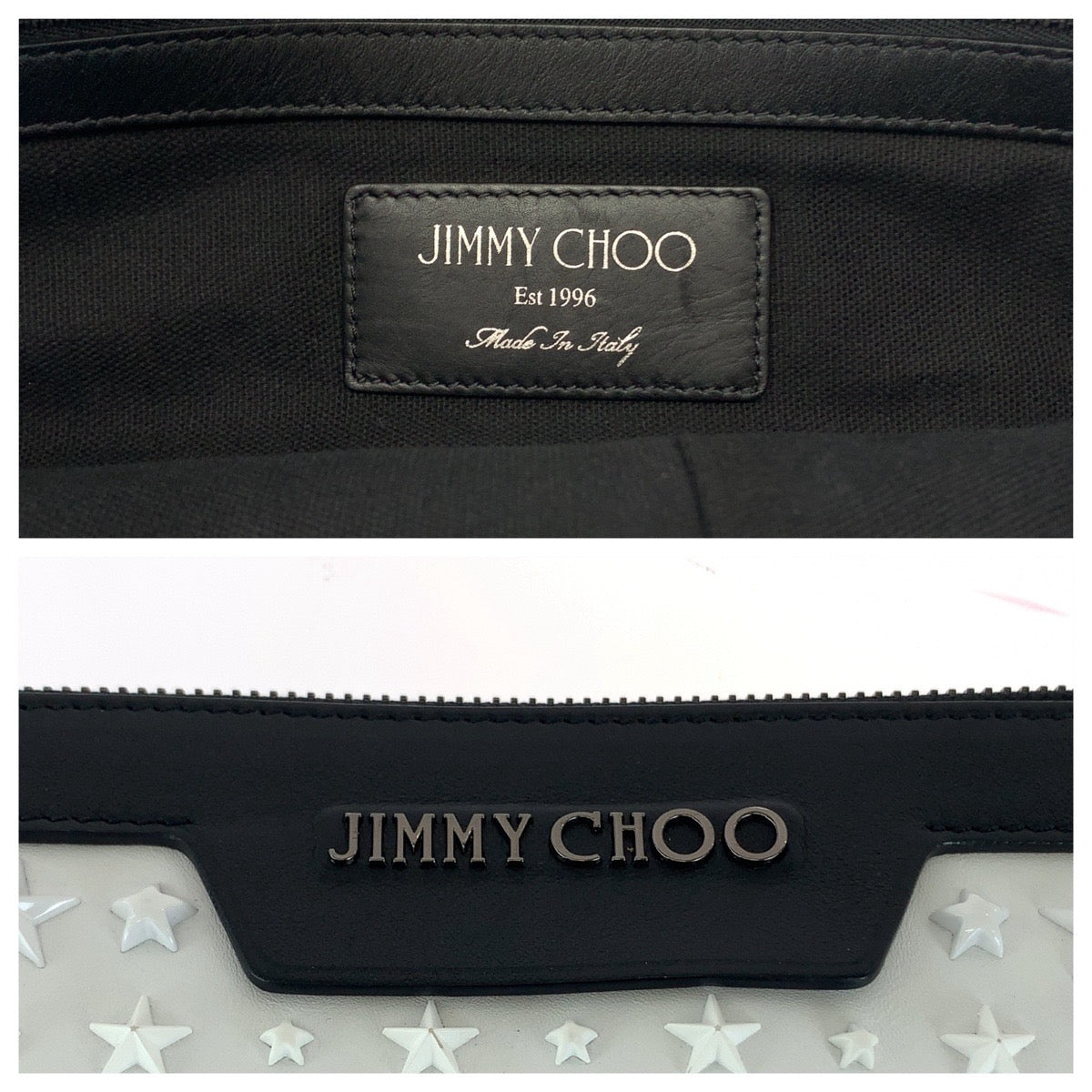 21539
JIMMY CHOO ジミーチュウ DEREK スタースタッズ ホワイト ブラック シルバー金具 レザー クラッチバッグ セカンドバッグ メンズ AB27