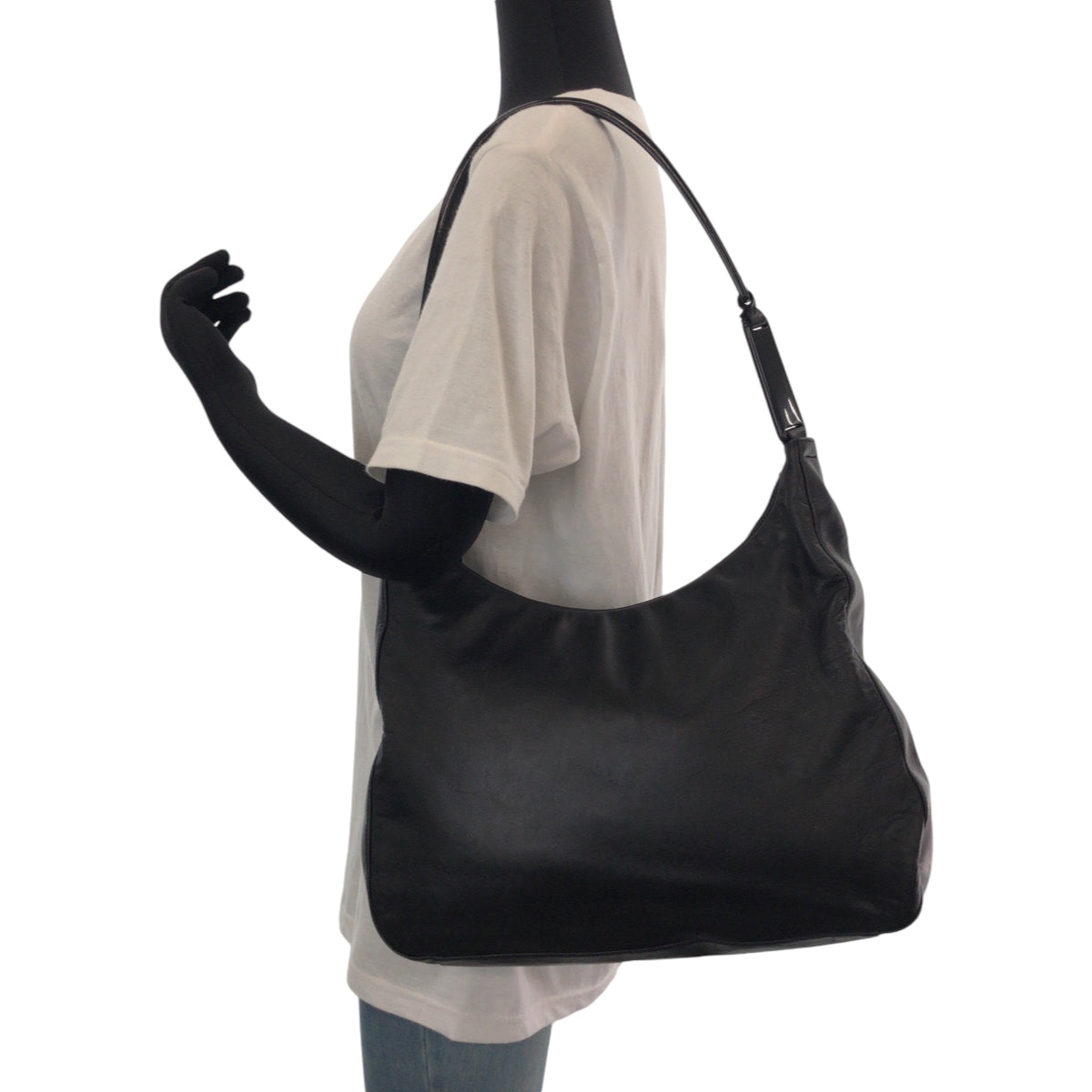 21552
PRADA プラダ プラスチックハンドル ロゴ ブラック 黒 プラスチック / レザー ホーボー プラハンドル ショルダーバッグ レディース AB34