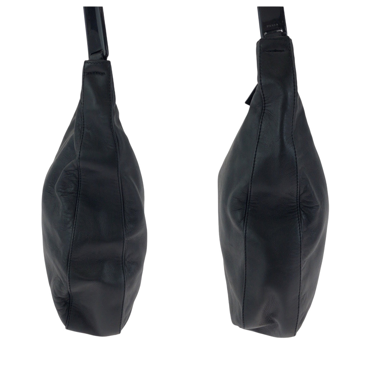 21552
PRADA プラダ プラスチックハンドル ロゴ ブラック 黒 プラスチック / レザー ホーボー プラハンドル ショルダーバッグ レディース AB34