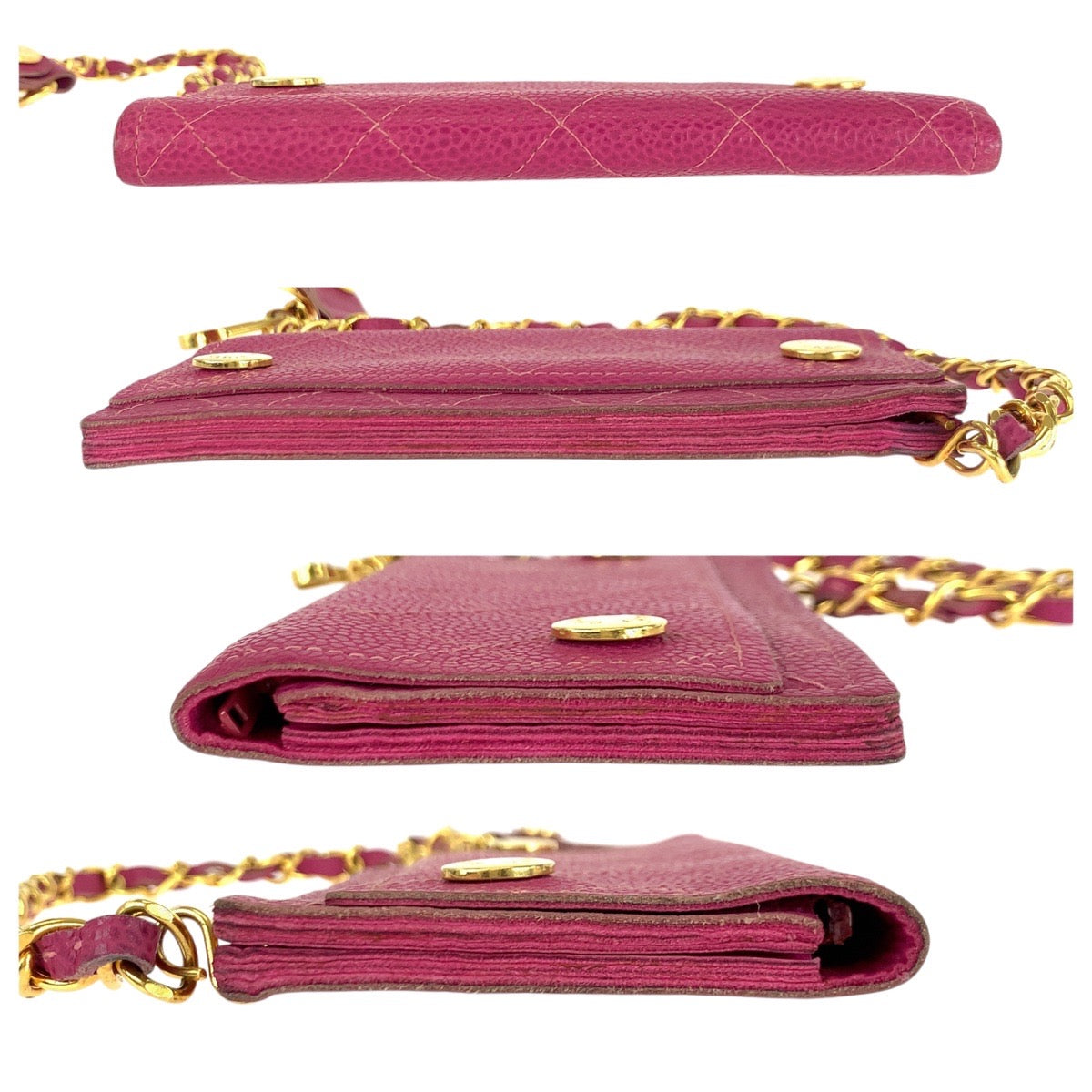 21560
CHANEL シャネル ヴィンテージ ピンク ゴールド金具 キャビアスキン 長財布 チェーンウォレット レディース ABP60