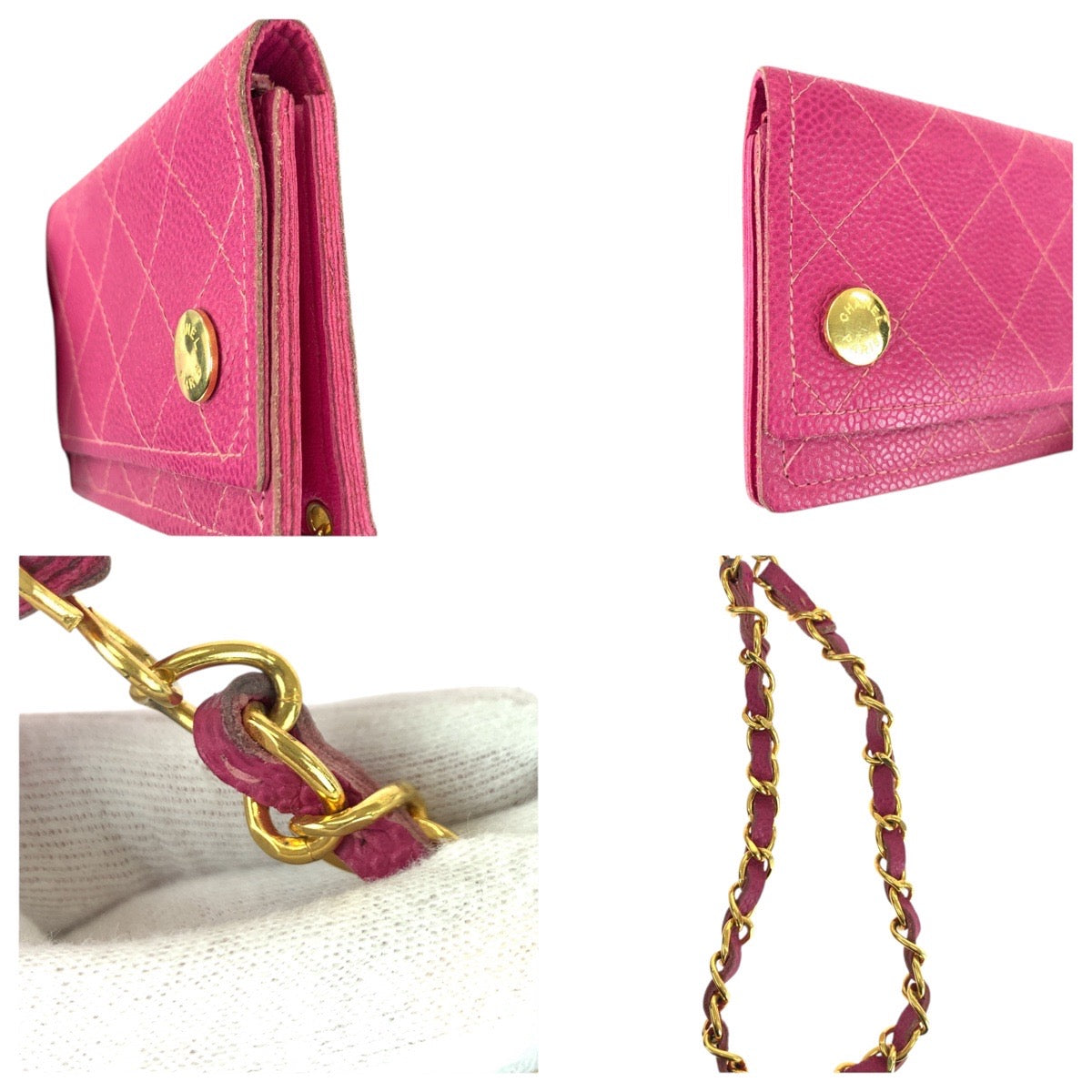 21560
CHANEL シャネル ヴィンテージ ピンク ゴールド金具 キャビアスキン 長財布 チェーンウォレット レディース ABP60