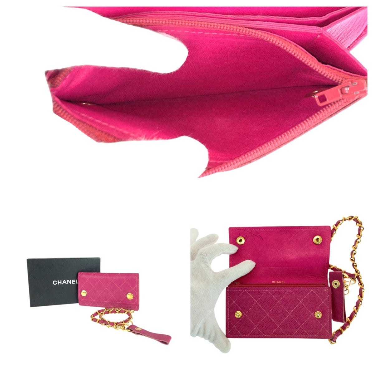 21560
CHANEL シャネル ヴィンテージ ピンク ゴールド金具 キャビアスキン 長財布 チェーンウォレット レディース ABP60