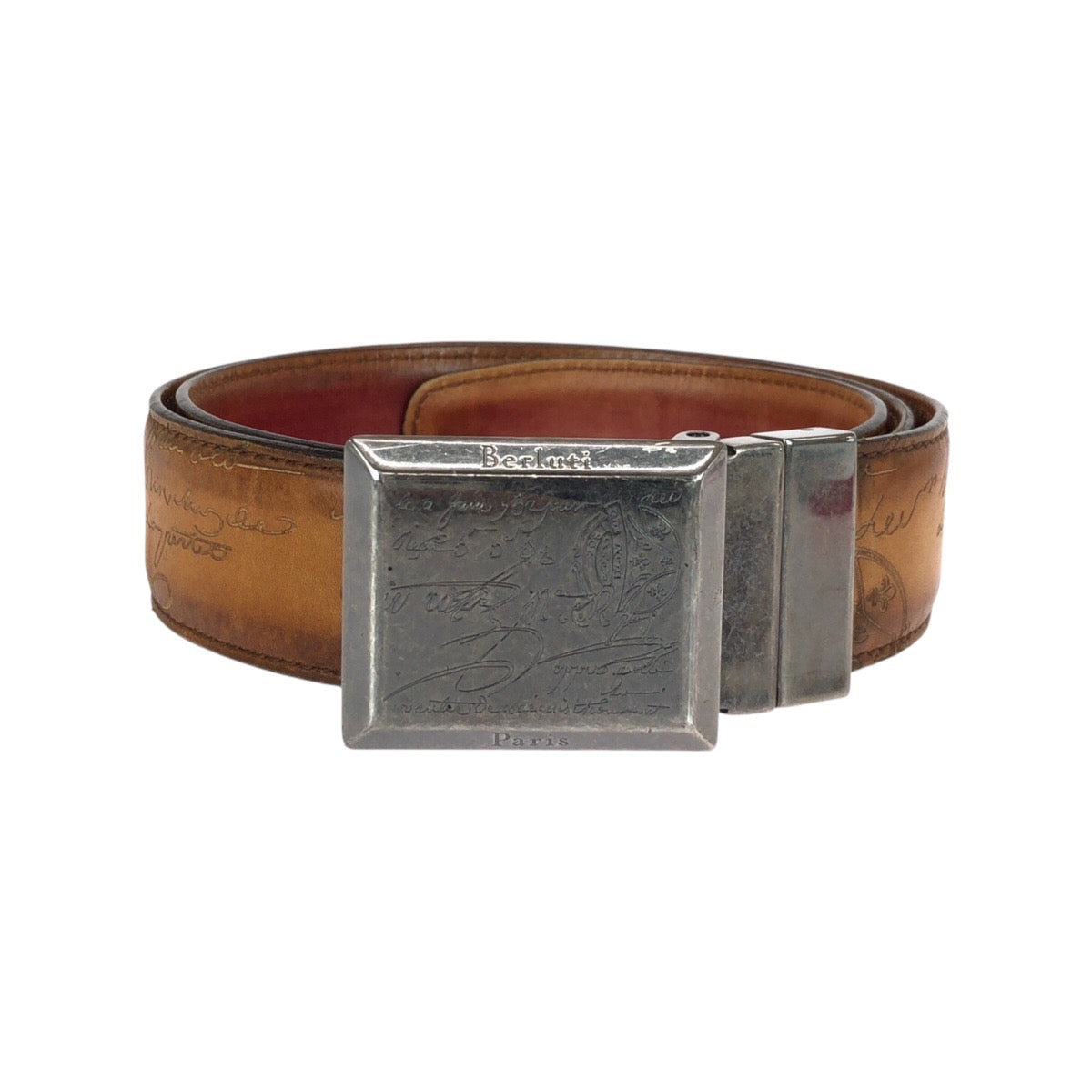 21574
Berluti ベルルッティ カリグラフィ スクリット 85cm/34インチ ブラウン シルバー金具 レザー ベルト 男女兼用 メンズ AB30