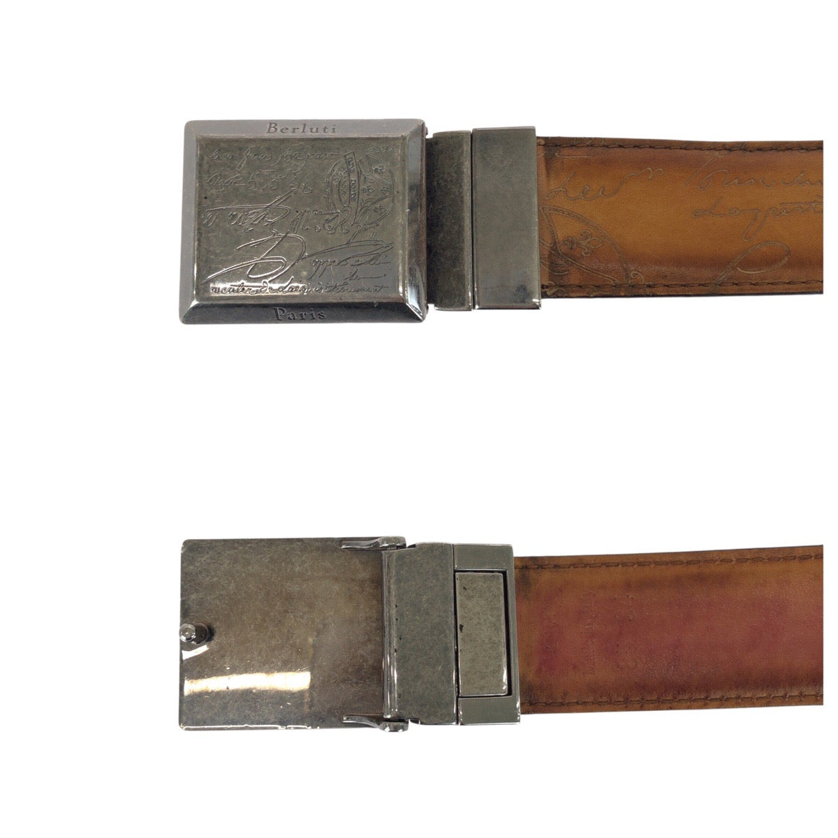 21574
Berluti ベルルッティ カリグラフィ スクリット 85cm/34インチ ブラウン シルバー金具 レザー ベルト 男女兼用 メンズ AB30