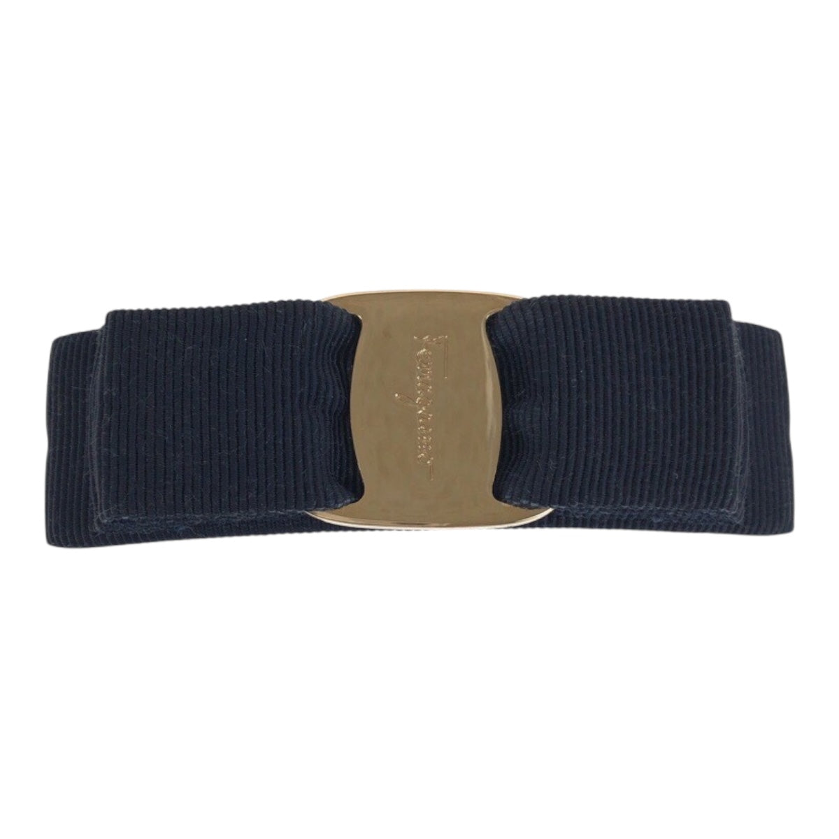 21577
Salvatore Ferragamo Vara Ribbon Navy Gold Hardware Canvas Barrette Hair Accessory Ladies ABP6