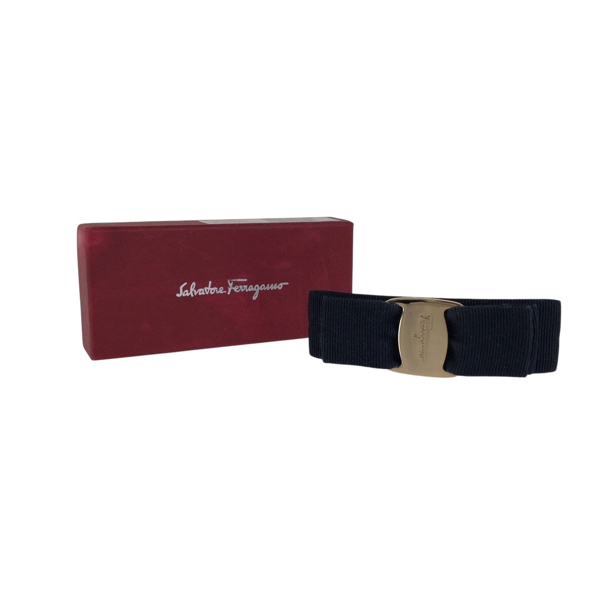 21577
Salvatore Ferragamo Vara Ribbon Navy Gold Hardware Canvas Barrette Hair Accessory Ladies ABP6