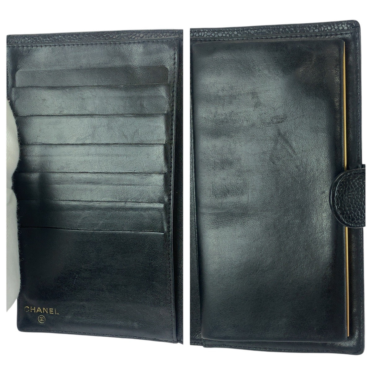 21594
CHANEL シャネル ヴィンテージ ココマーク ブラック 黒 ゴールド金具 キャビアスキン 長財布 ロングウォレット レディース ABP48