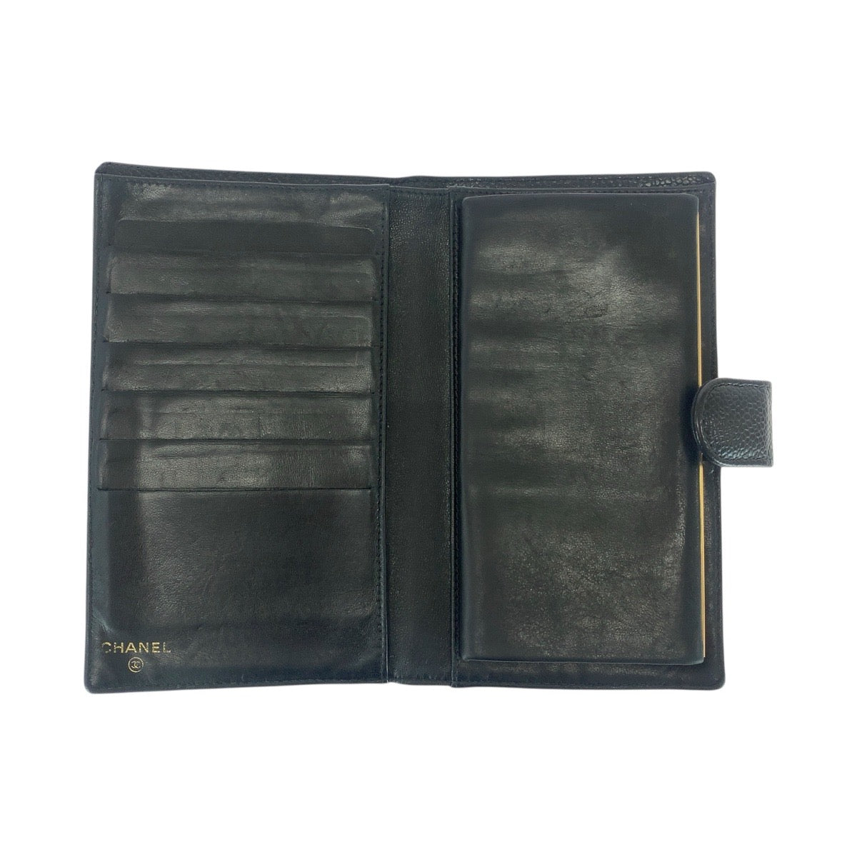 21594
CHANEL シャネル ヴィンテージ ココマーク ブラック 黒 ゴールド金具 キャビアスキン 長財布 ロングウォレット レディース ABP48