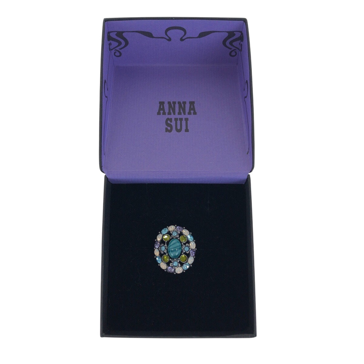 21598
ANNA SUI アナスイ フラワー 花 シルバー ブルー グリーン メタル / ラインストーン ビジュー リング 指輪 レディース A2