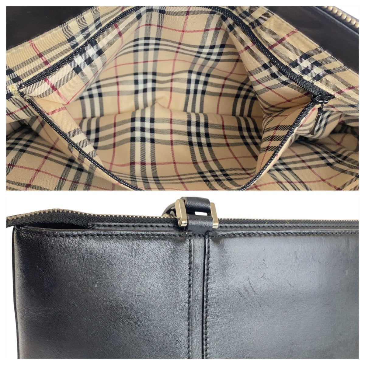 21602
BURBERRY バーバリー 中チェック柄 ブラック 黒 シルバー金具 レザー / キャンバス トートバッグ ショルダーバッグ レディース ABP22