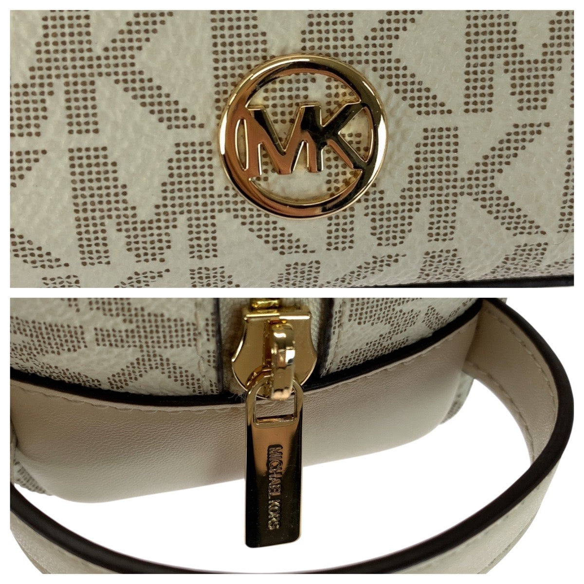 21617
Michael Kors マイケルコース MKシグネチャー JET SET ベージュ アイボリー ゴールド金具 PVC 35F4GTFN1B ポーチ メイクポーチ レディース A2