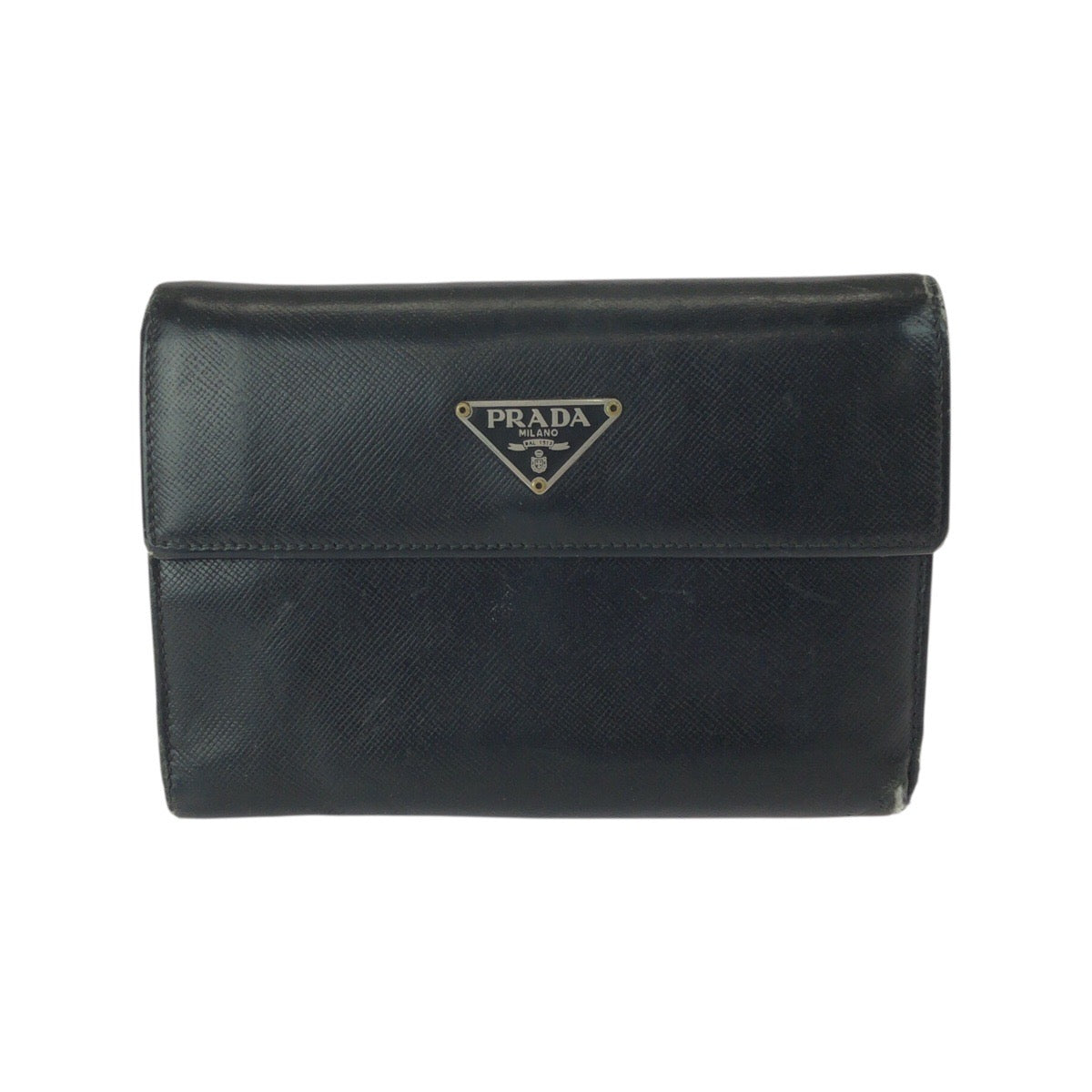 21638
PRADA プラダ サフィアーノ 三角ロゴプレート ブラック 黒 シルバー金具 レザー 折財布 コンパクトウォレット レディース B8